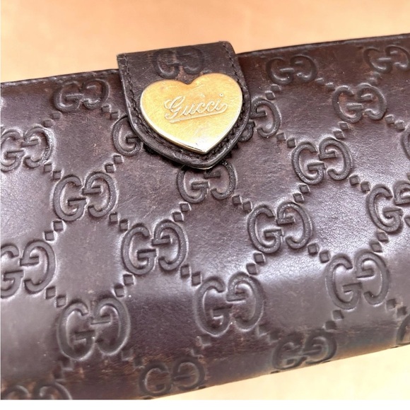 Gucci Guccissima Gold Heart Cocoa Brown Leather Continental Long Wallet
